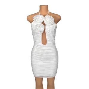 Fashion Nova White Ruched Halter Mini Dress Rosettes and Keyhole Cutout Medium